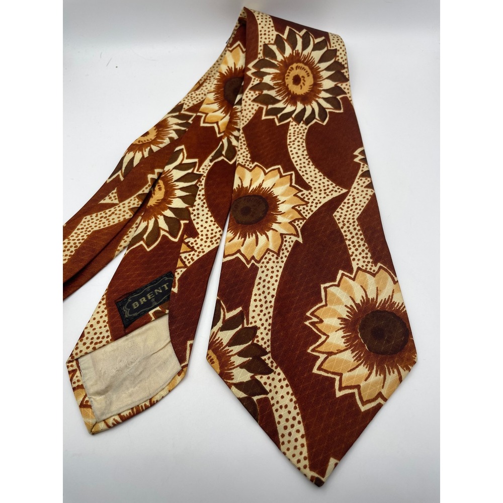 Brent Vintage 70s Wide Necktie Brown Sunflower Floral Retro Disco Tie 4 Inch